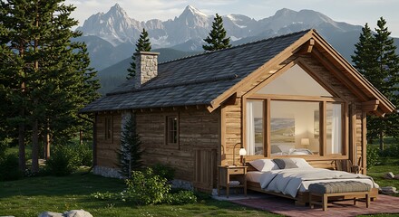 Luxurious nature with pine trees, mountains and beautiful chalet cider home exterior with bedroom interior view architecture with scenic surroundings