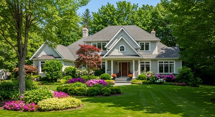 Luxurious luxury house in the suburbs of canada with nicely trimmed and manicured garden, landscaping, on a sunny day residence featuring premium amenities