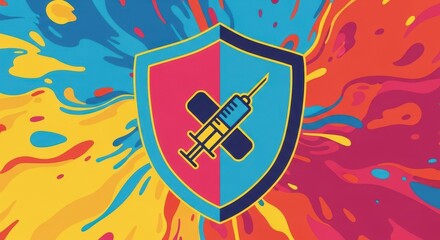 colorful shield with syringe emblem over vibrant paint splash background. national immunization awareness theme. health, medical protection. poster, educational material.