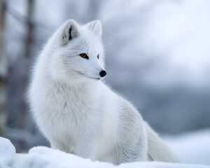 Obraz premium White Arctic Fox Sitting in Snowy Winter Landscape