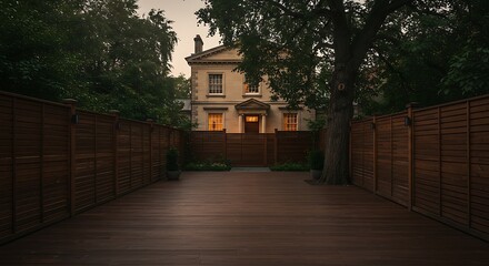Beautiful wooden yard has brown color rectangle shape bars, there is a tree from the right side, the mansion has about four windows and one door, home with unique design