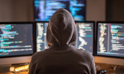 A person wearing a hoodie sits in front of multiple computer screens displaying lines of code at night
