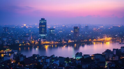 Obraz premium City skyline at twilight with illuminated buildings reflecting in the water