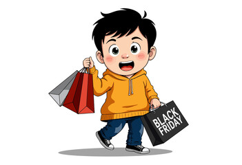 Happy boy shopping with bags on Black Friday sale  