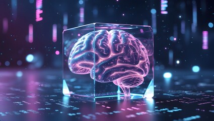 AI-Generated Sci-Fi Brain – Ethereal Blue Hologram with Floating Code Fragments
