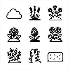 Home Garden Icons. Solid, filled icon set of home garden bushes: bush, lavender, rose bush, hydrangea, lilac, daisy bush,