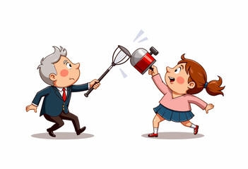 Young girl playfully fighting with elderly man using toy pot  