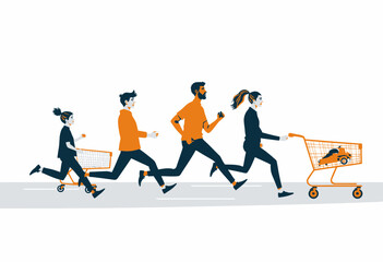 Family running with shopping carts in playful race on white background  