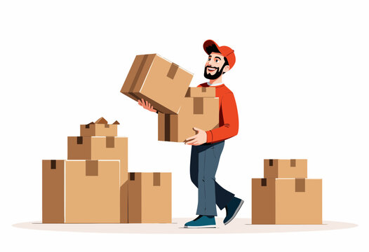 Delivery man carrying boxes while smiling in a warehouse setting  