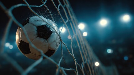 Soccer ball in a goal net at night