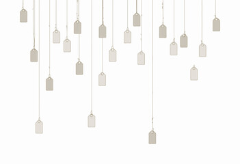 Blank hanging gift tags in minimalist style on white background  