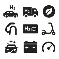 Hydrogen Vehicle Icons. Solid, filled icons set of hydrogen-powered vehicles: hydrogen car, truck icon,