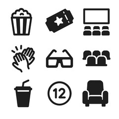 Indie Film Icons. Solid, filled icon set of indie film audience experience: popcorn, ticket stub, film screen, applause hands, 3D