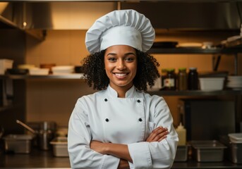 Smiling female chef in professional kitchen attire with arms crossed ready to cook delicious meals