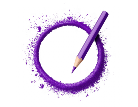 Purple pencil drawing a colorful circle of vibrant abstract art on a transparent background