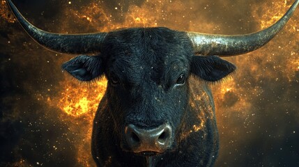 Powerful black bull with glowing eyes in dramatic fiery cosmic background symbolizing Taurus zodiac energy