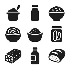 Probiotic Foods Icons. Solid, filled icon set of probiotic foods: yogurt, kefir, sauerkraut, kimchi, miso, pickles, tempeh,