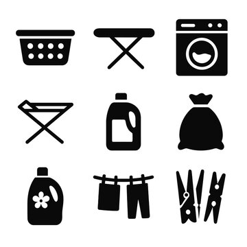 Laundry Room Icons. Solid, filled icon set of laundry room essentials: laundry basket, ironing board, washing machine, drying rack
