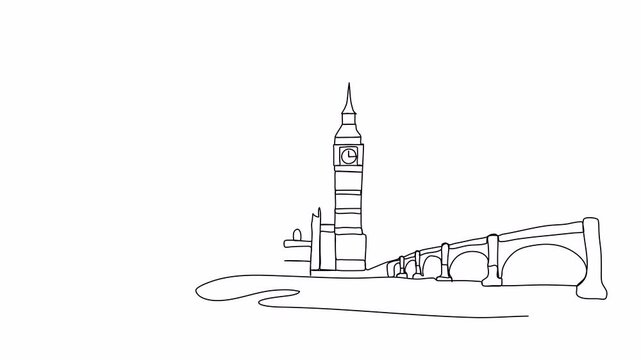 Big Ben in London. One line drawing animation. Video clip with alpha channel.