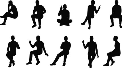 Set of Seated Men Silhouette Poses and Gestures with Transparent Background set silhouette illustrations depicting men various seated poses gestures
