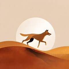 A stylized illustration of a dog running across sand dunes with a large white circle in the background