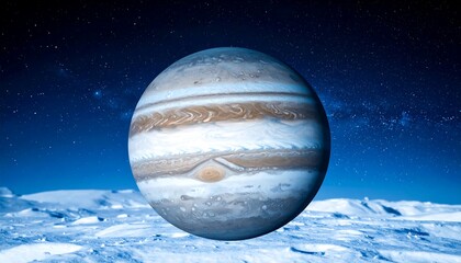 Jupiter in a vast starry night sky above a frozen landscape