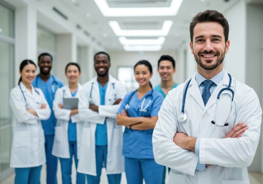 Diverse team of medical professionals posing confidently in a hospital corridor ready to provide care