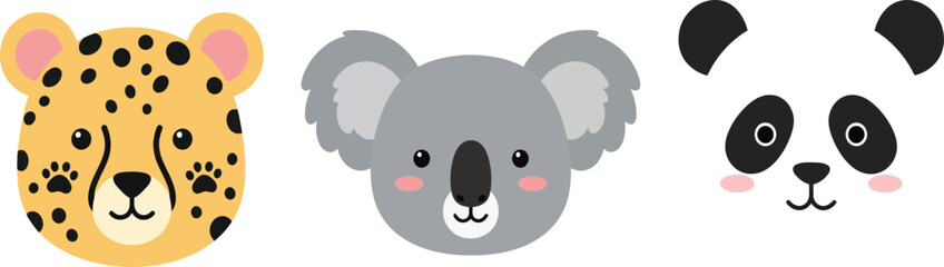 Cute Cartoon Animal Faces Featuring Leopard Koala and Panda on Transparent Background