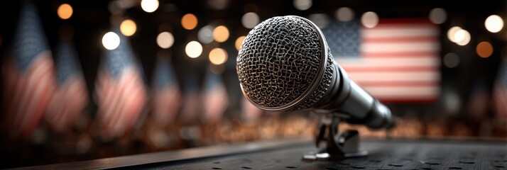 Microphone set for a speech at an event honoring national pride with flags in the background