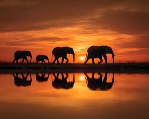 Silhouette of elephants walking in a line at sunset reflected in the water creating a serene scene