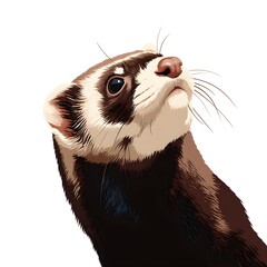 A digital illustration of a ferret looking up with a white background in a close up view of the face
