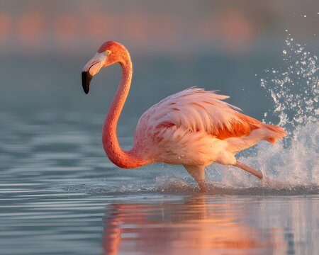 A flamingo wading through shallow water with splashes and pink and orange plumage at sunset light - Powered by Adobe