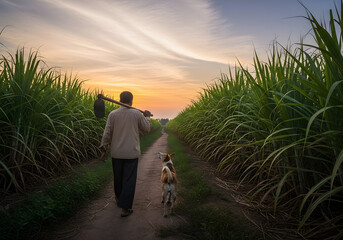 farmer walks along a dirt path with his dog through a sugarcane field at sunset.