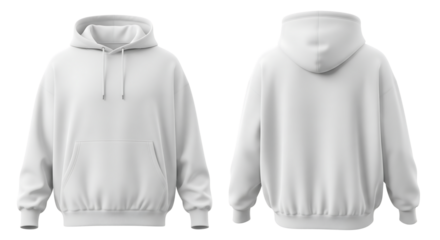 Blank white hoodie mockup with hood, front and back view, for design. Isolated on transparent background, png