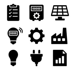 Icon Sets Compilation. Solid, filled icon set of energy audit and monitoring: clipboard checklist, energy meter, solar panel,