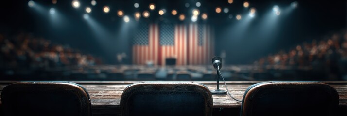 Empty stage awaits speakers at political event with illuminated backdrop and American flag