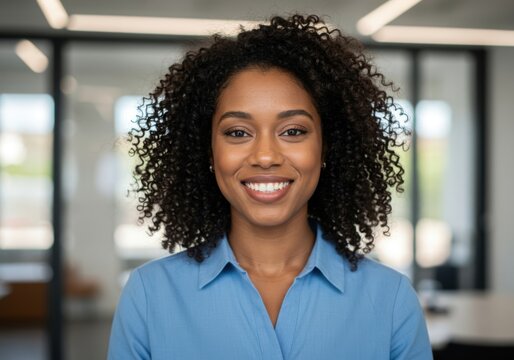 Smiling young professional woman with curly hair wearing a blue collared shirt in an office environment