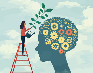 The concept of personal growth is depicted by a girl watering her brain with a watering can, set against abstract pictures and educational themes, symbolizing investment in oneself through