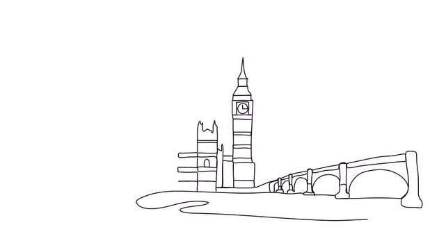 Big Ben in London. One line drawing animation. Video clip with alpha channel.