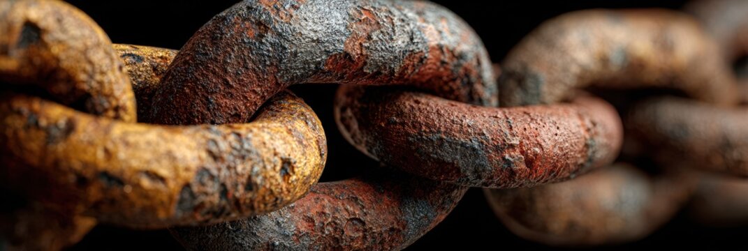 Rusty metal chain links with texture and detail showcasing weathered colors against a dark background