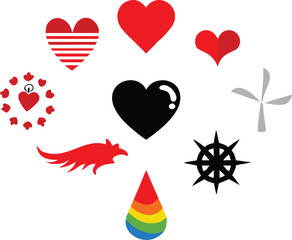 Hearts and Symbols arranged in a creative circular pattern around a glossy black heart icon on a clean white backdrop