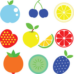 Playful grid of nine stylized fruits in flat illustration style including apple cherry lemon strawberry kiwi and more