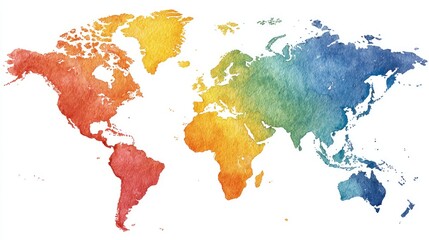 Watercolor world map, rainbow hues