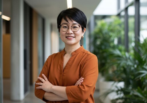 Smiling asian woman with glasses and short hair wearing an orange blouse with arms crossed
