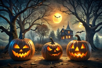 Spooky jackolanterns glow under a full moon on halloween night