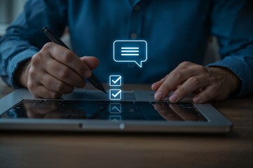 Concept of customer feedback and service evaluation. A person uses a digital pen on a tablet to complete an online satisfaction survey.