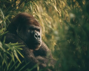 A gorilla sitting among dense green foliage with a thoughtful expression on its face looking to the side