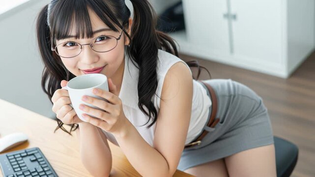 デスクでマグカップを手に、あざとい表情で見つめてくるOL