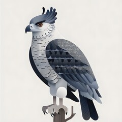Stylized illustration of a harpy eagle perched on a branch with a white background showing details