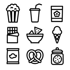 Movie Night Snacks. Solid, filled icon set of Movie night snacks: popcorn, soda cup, candy box, chocolate bar, nachos, ice cream,